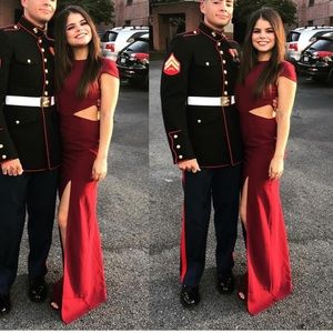 Long Burgundy Cut-Out Cap Sleeve Dress
